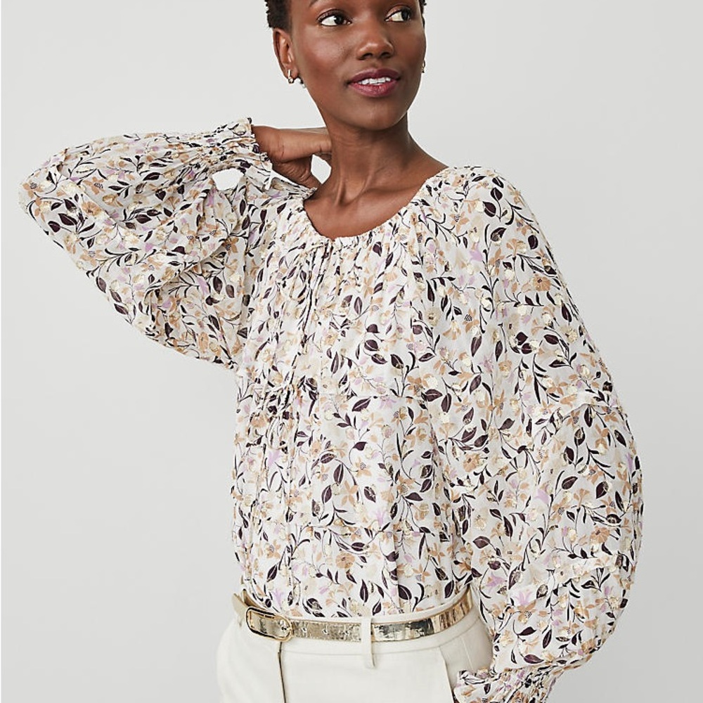 NWT Ann Taylor Floral Clip Split Neck Popover Sz M Medium